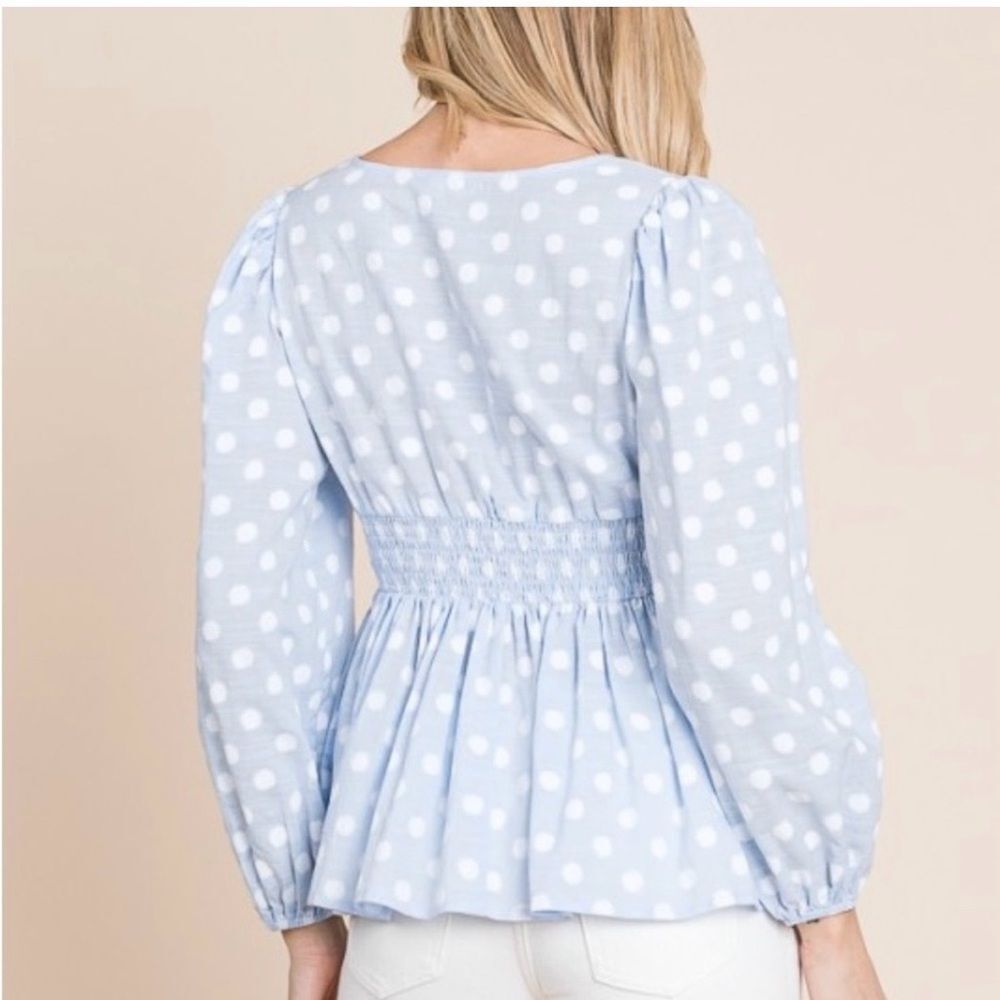 NWT Elegant Sky Blue Polka Dot Blouse - Picture 2 of 10